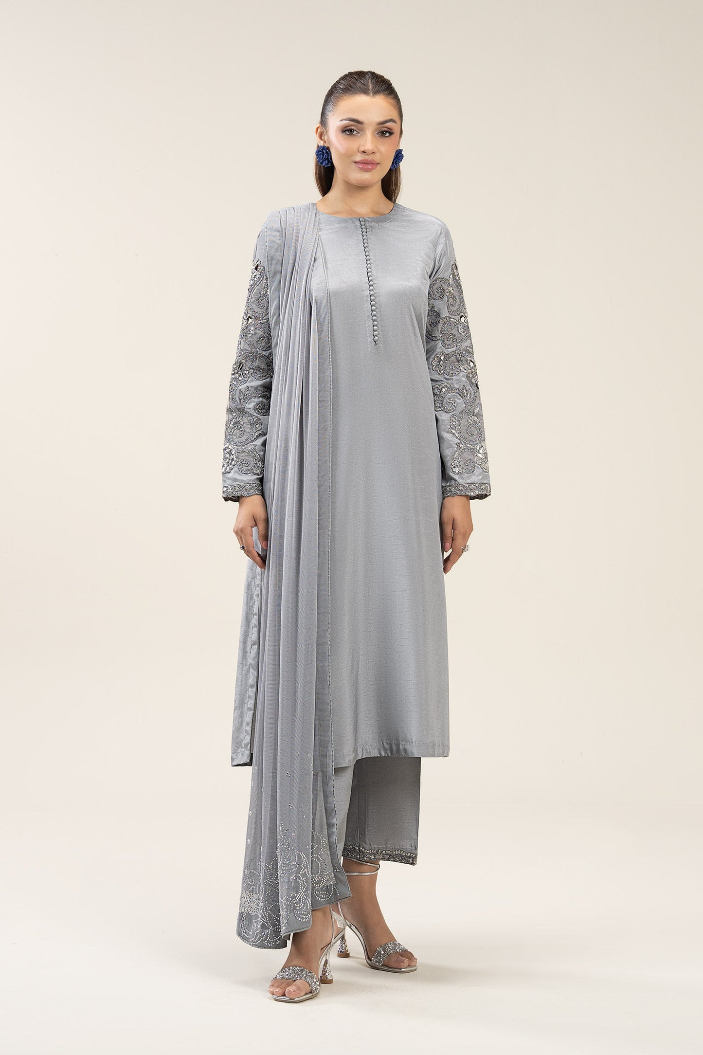 3 Pc Embroidered Bamberg Raw Silk Suit