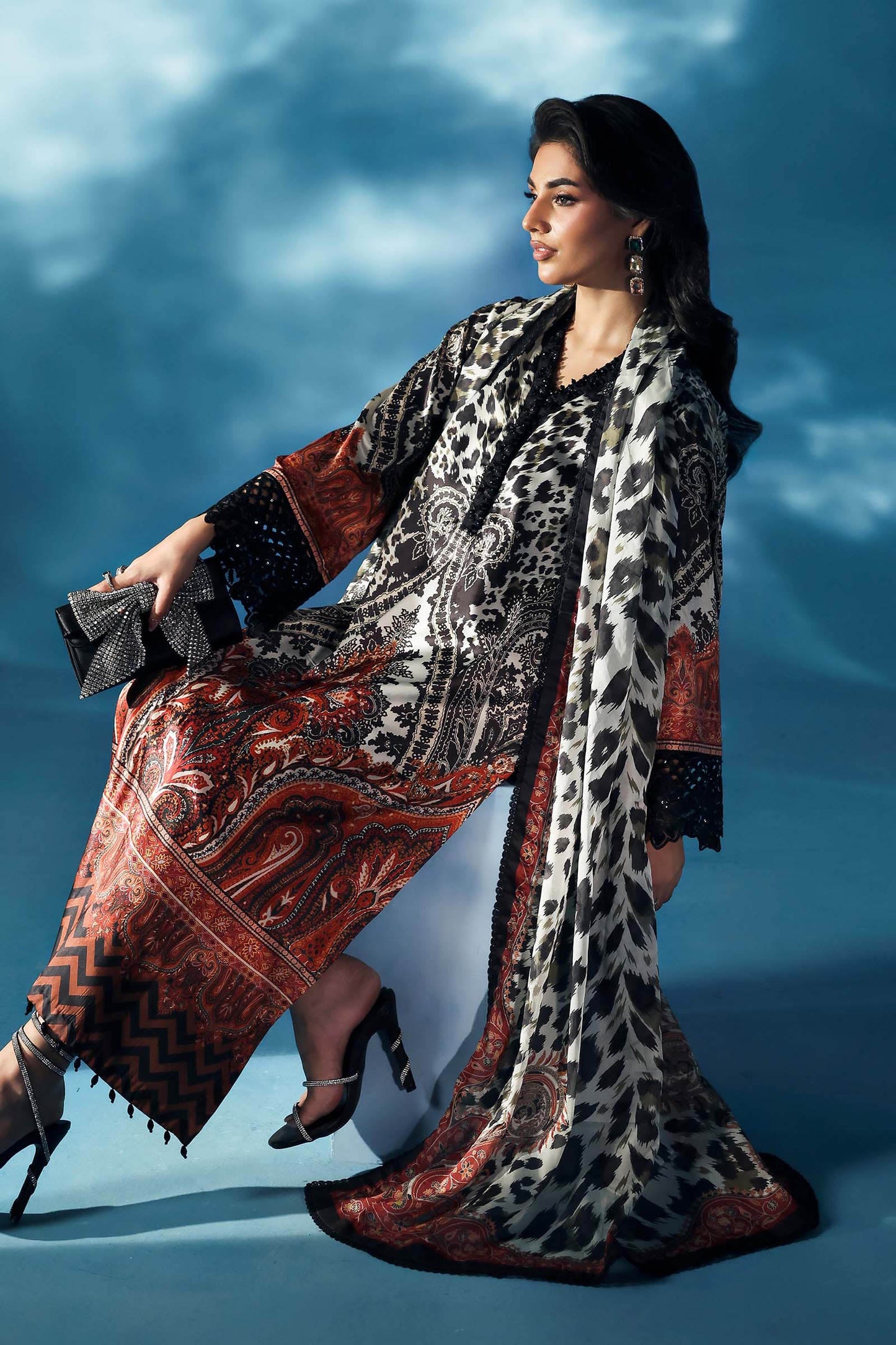3 Piece Embroidered Satin Silk Suit