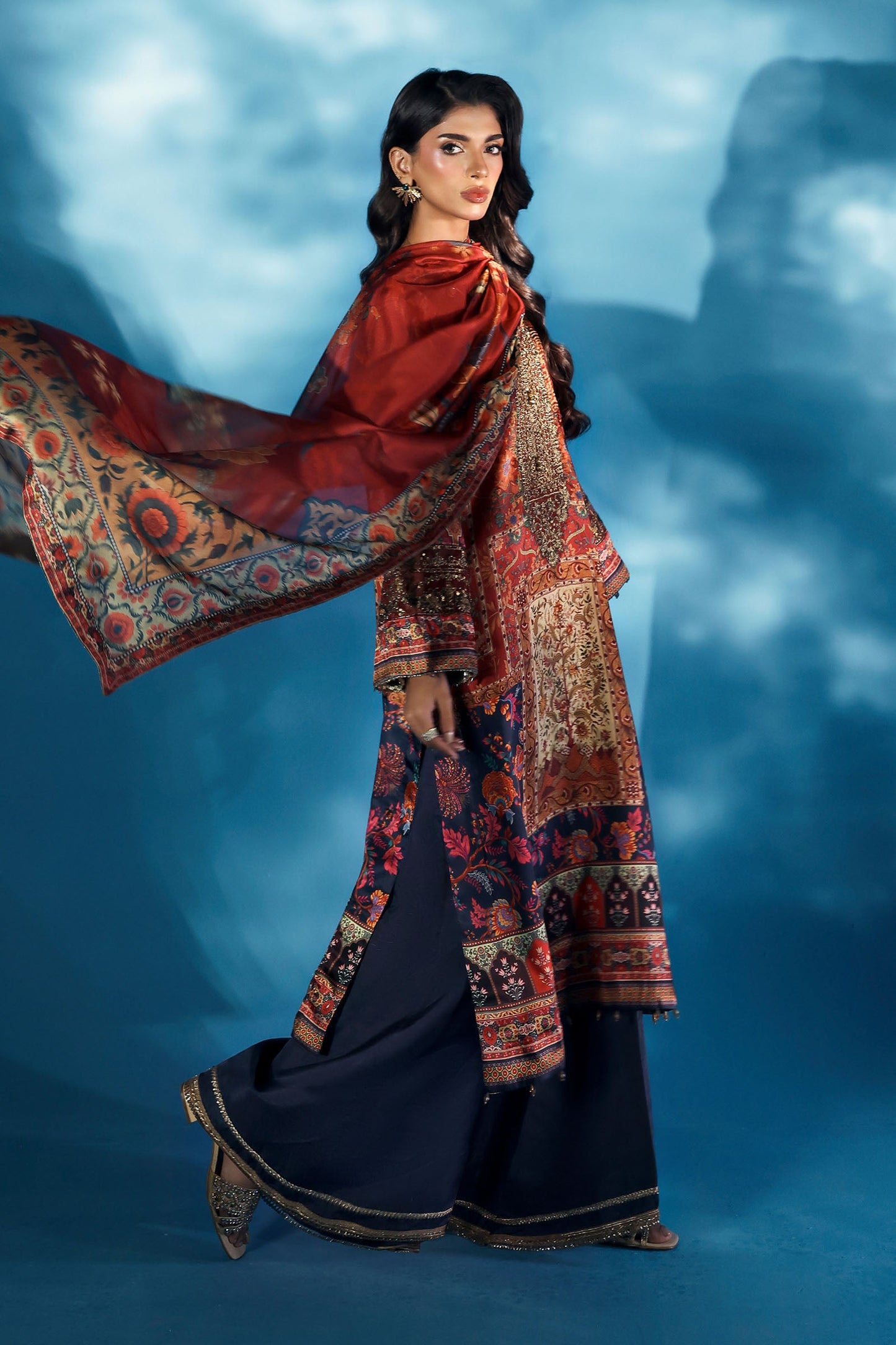 3 Piece Embroidered Satin Silk Suit